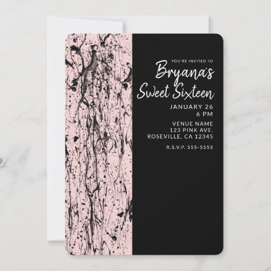 Pink Blush & Black Paint Sweet 16 ANY AGE Party Kaart (Voorkant)