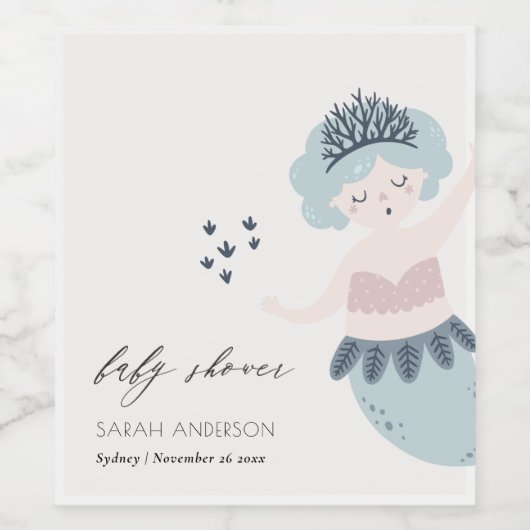 PINK BLUSH BLAUW LITTLE MERMAID BABY SHOWER WIJN ETIKET (Enkel label)