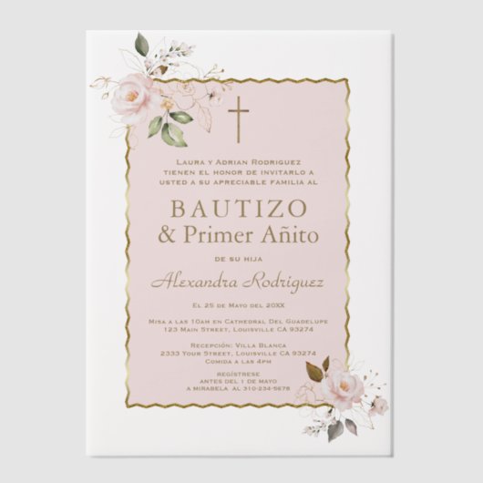 Pink Blush Bloemen Spaans 1e Verjaardag Doop Vellum Uitnodigingen (Voorkant)