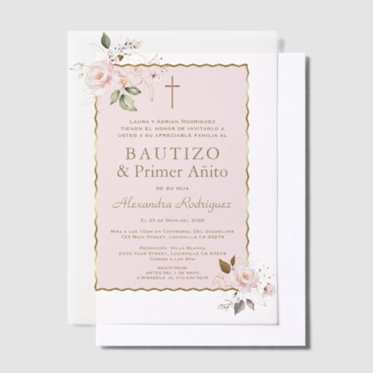 Pink Blush Bloemen Spaans 1e Verjaardag Doop Vellum Uitnodigingen (Offset)