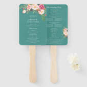 Pink Blush Bloom Floral Wedding Programme Turquois Handwaaier (Voorkant en achterkant)