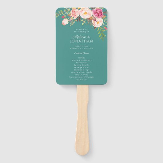 Pink Blush Bloom Floral Wedding Programme Turquois Handwaaier (Voorkant)