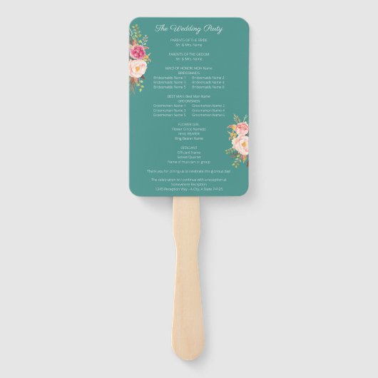 Pink Blush Bloom Floral Wedding Programme Turquois Handwaaier (Achterkant)