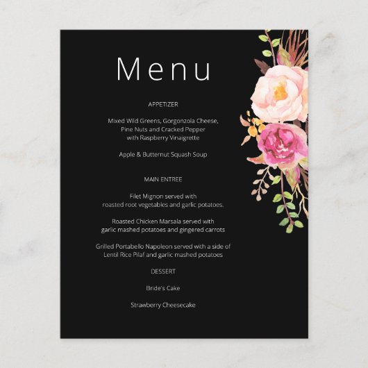Pink Blush Blooming Floral Menu - Black (Voorkant)