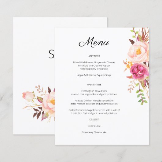 Pink Blush Blooming Floral Menu - White (Voorkant / Achterkant)