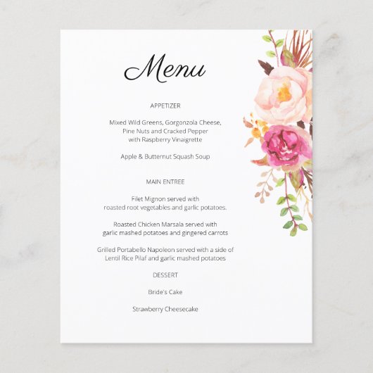 Pink Blush Blooming Floral Menu - White (Voorkant)