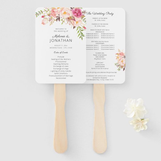 Pink Blush Blooming Floral Wedding Programme Handwaaier (Voorkant en achterkant)