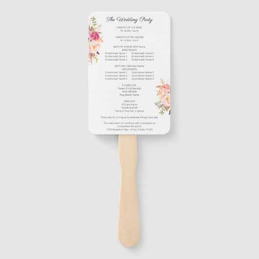 Pink Blush Blooming Floral Wedding Programme Handwaaier (Achterkant)
