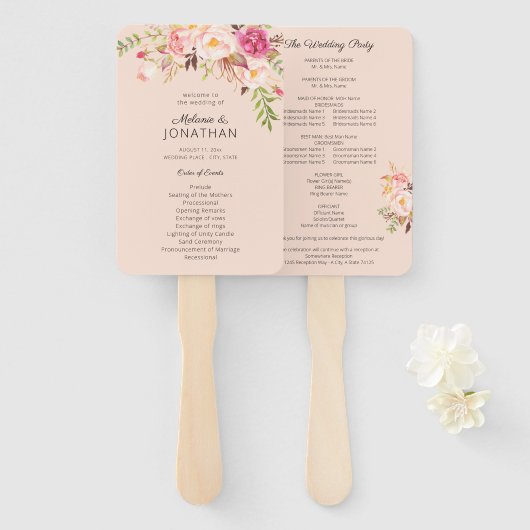Pink Blush Blooming Floral Wedding Programme Pink Handwaaier (Voorkant en achterkant)