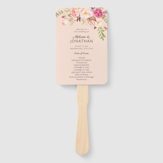 Pink Blush Blooming Floral Wedding Programme Pink Handwaaier (Voorkant)