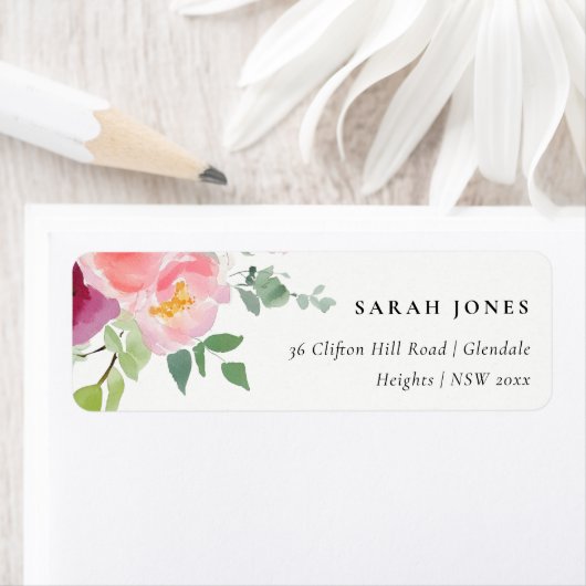 Pink Blush Bourgondië Roos Waterverf Adres Etiket (Insitu)