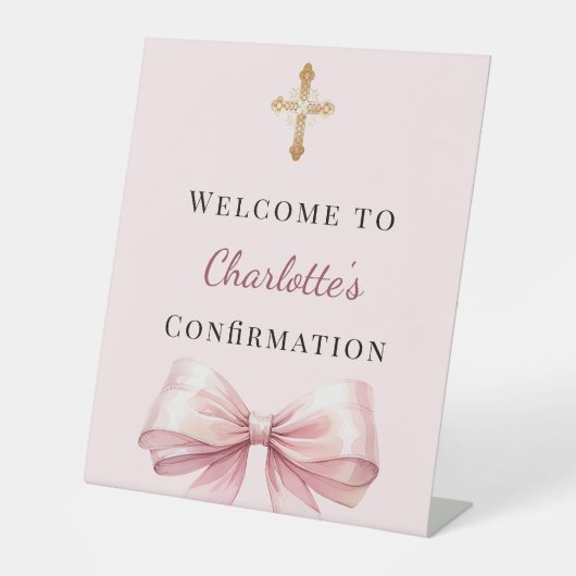 Pink blush bow Confirmation welcome Reclamebord Met Voetstuk (Voorkant)
