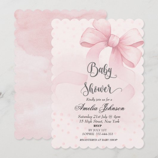 Pink Blush & Bow Coquette Baby shower Kaart (Voorkant / Achterkant)