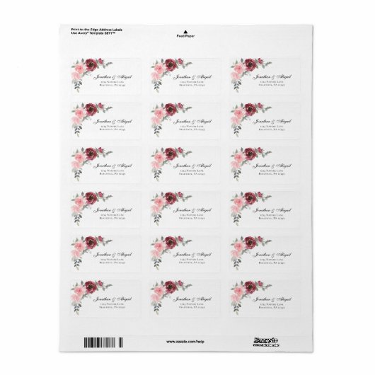 Pink Blush Burgundy Floral Waterverf Weddenschap Etiket (Full Sheet)