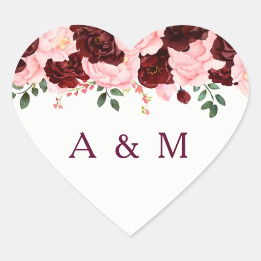 Pink Blush Burgundy Roos Floral Initialen Weddensc Hart Sticker (Voorkant)