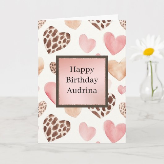 Pink Blush Cream Leopard Hearts Birthday Kaart (Kleine Plant)