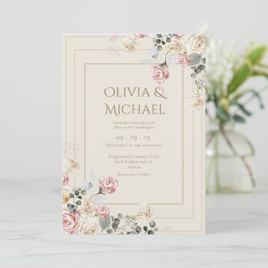 Pink Blush Cream Roses Floral Elegant Wedding Kaart (Staand voorkant)