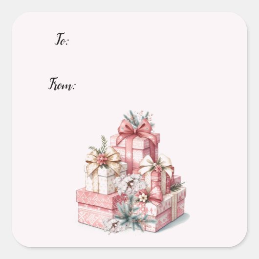Pink Blush en Bloemen Kerstmis Vierkante Sticker (Voorkant)