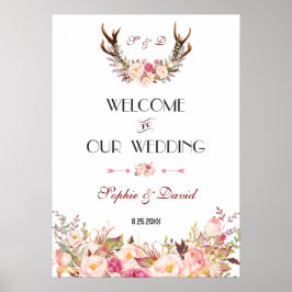 Pink Blush Floral Antlers Welkomstbord Poster