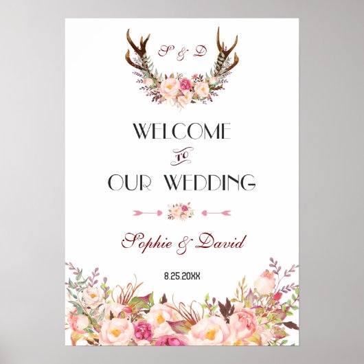 Pink Blush Floral Antlers Welkomstbord Poster (Voorkant)