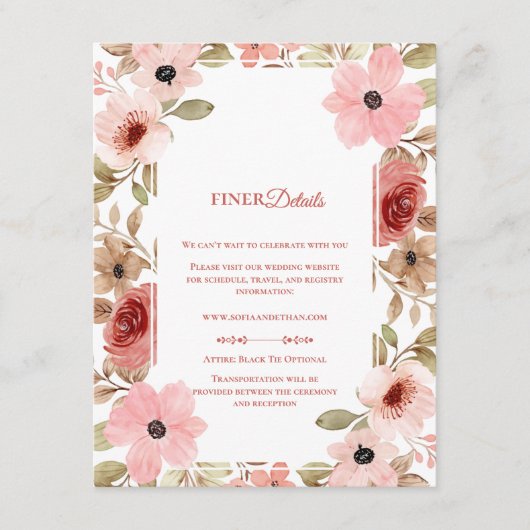 Pink Blush Floral Botanical Wedding Details Informatiekaartje (Voorkant)
