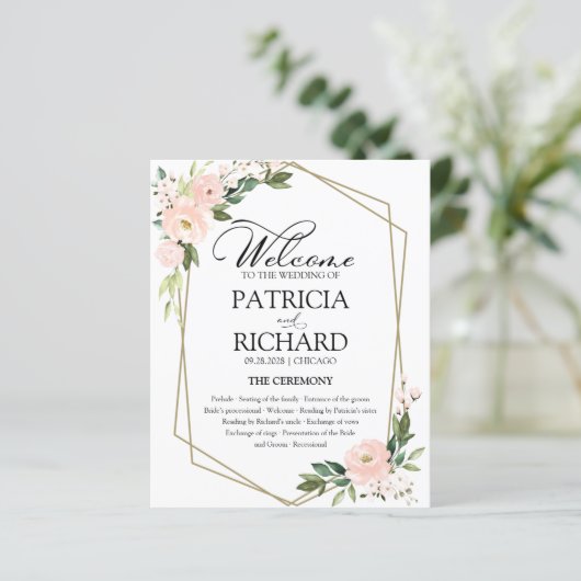 Pink Blush Floral Budget Wedding Ceremony Programm (Staand voorkant)