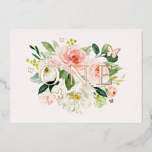 Pink Blush Floral Butterfly Girl 1ste verjaardag Folie Uitnodiging