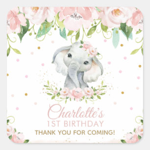 Pink Blush Floral Cute Elephant Hartelijk dank Vierkante Sticker