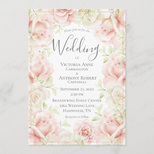 Pink Blush Floral Elegant Romantic Wedding Kaart (Voorkant)