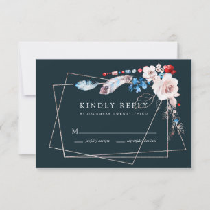 Pink Blush Floral en Boho Blue Feathers Wedding RSVP Kaartje