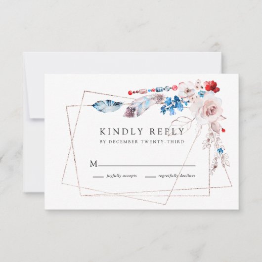 Pink Blush Floral en Boho Blue Feathers Wedding RSVP Kaartje (Voorkant)