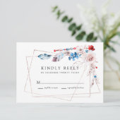 Pink Blush Floral en Boho Blue Feathers Wedding RSVP Kaartje (Staand voorkant)