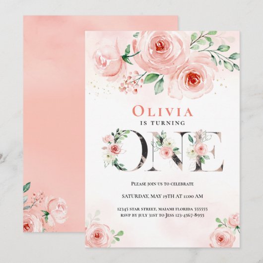 Pink Blush Floral First Birthday Gril Kaart (Voorkant / Achterkant)