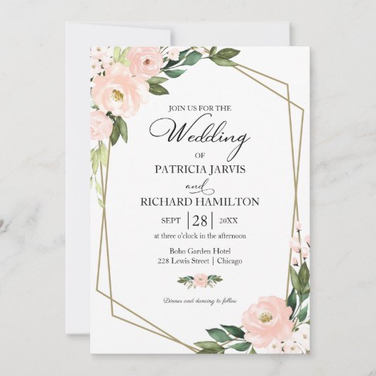 Pink Blush Floral Geometric Wedding Kaart (Voorkant)