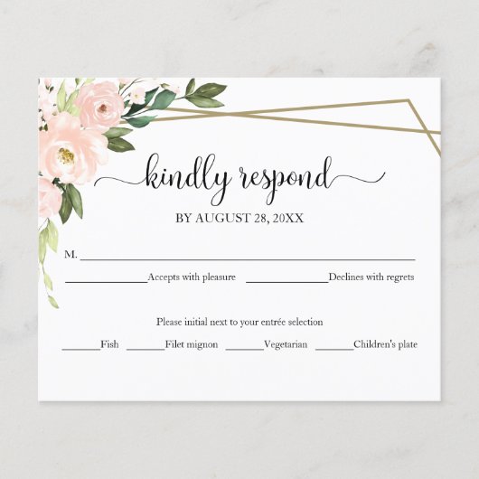 Pink Blush Floral Geometric Wedding RSVP Kaart (Voorkant)