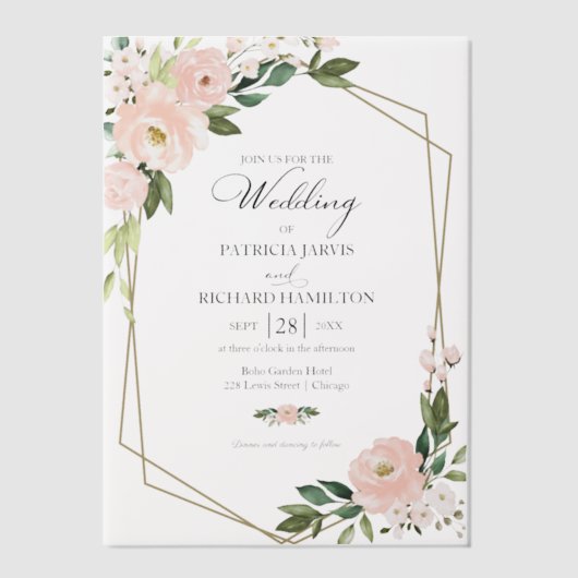 Pink Blush Floral Geometric Wedding Vellum Uitnodigingen (Voorkant)