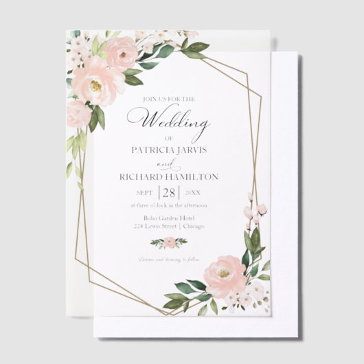 Pink Blush Floral Geometric Wedding Vellum Uitnodigingen (Offset)