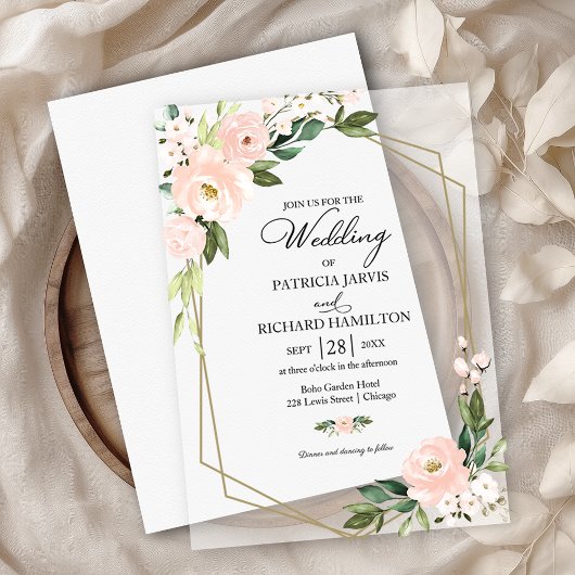 Pink Blush Floral Geometric Wedding Vellum Uitnodigingen