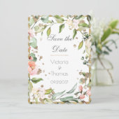 Pink Blush Floral Gold Elegant Botanical Weddensch Save The Date (Staand voorkant)