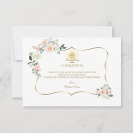 Pink Blush Floral Gold Girl First Heilige Communie Bedankkaart