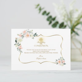 Pink Blush Floral Gold Girl First Heilige Communie Bedankkaart
