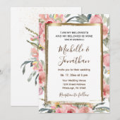 Pink Blush Floral Gold Lijst Christelijk bruiloft Kaart (Voorkant / Achterkant)