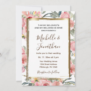 Pink Blush Floral Gold Lijst Christelijk bruiloft Kaart