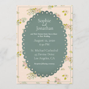 Pink Blush Floral Green Rustic Wedding Kaart