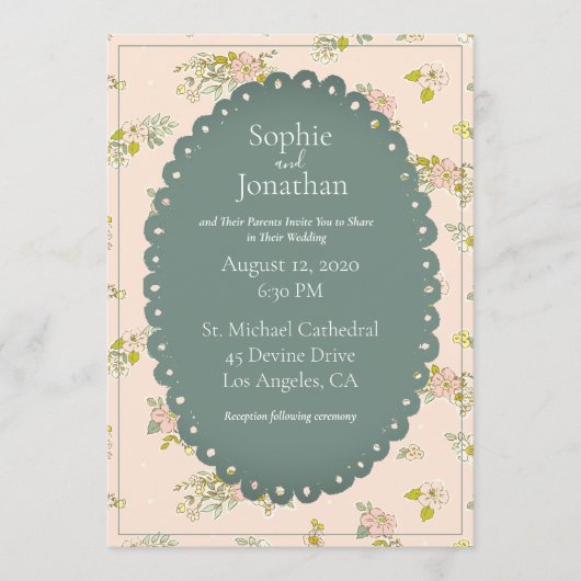 Pink Blush Floral Green Rustic Wedding Kaart (Voorkant)