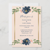 Pink Blush Floral Indigo Elegant Gold Wedding Kaart (Voorkant)