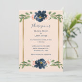 Pink Blush Floral Indigo Elegant Gold Wedding Kaart (Staand voorkant)
