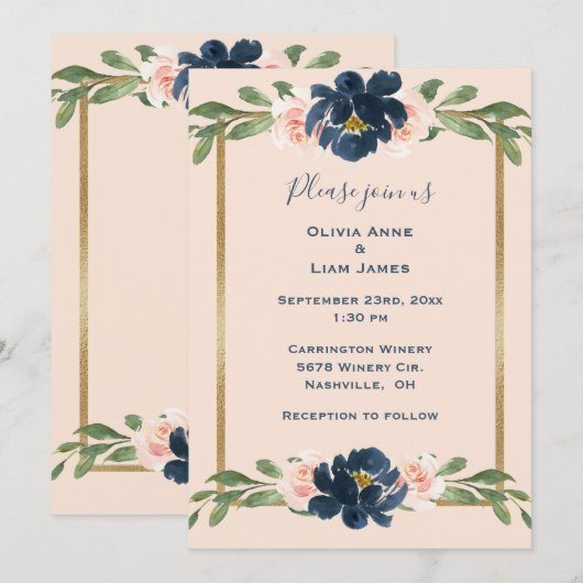 Pink Blush Floral Indigo Elegant Gold Wedding Kaart (Voorkant / Achterkant)
