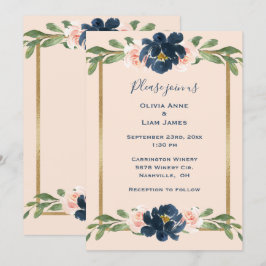 Pink Blush Floral Indigo Elegant Gold Wedding Kaart