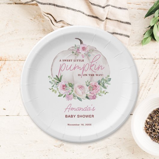 Pink Blush Floral Little Pumpkin Baby shower Papieren Bordje